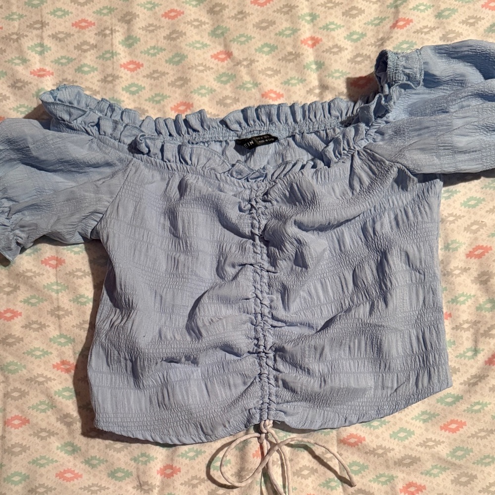 SHEIN Light Blue Ruched Off-Shoulder Blouse